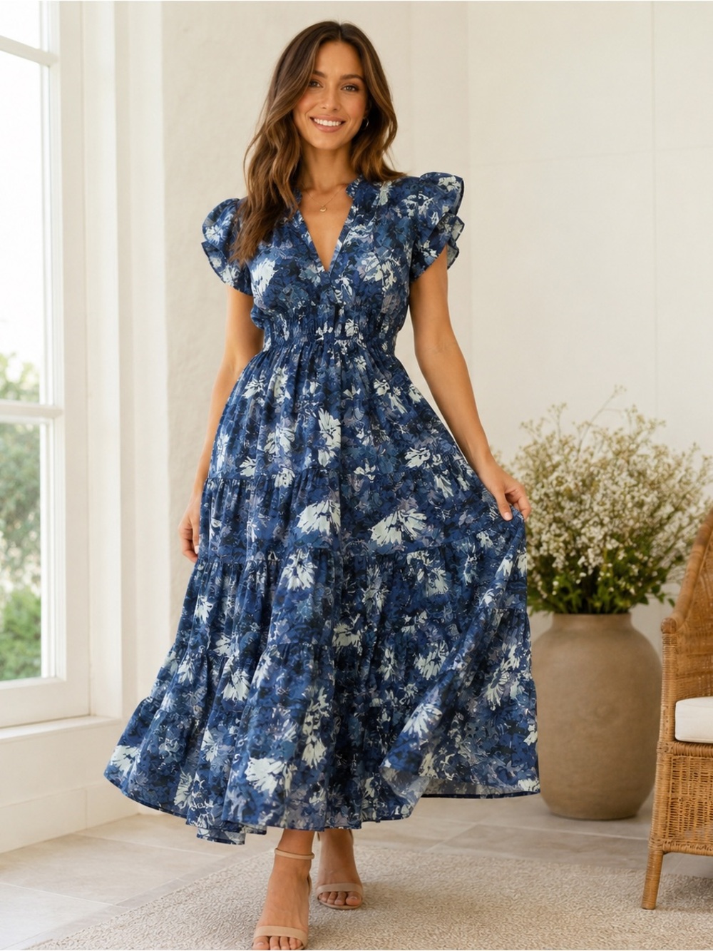Evan Blue Floral Tiered Maxi Dress Size L Flutter Sleeve 100% Cotton